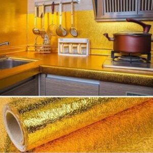 Aluminum Foil Kitchen Sticker Roll 5 Meter (Golden) – Waterproof Oil Proof Heat Resistant Self Adhesive Wall Sticker for Kitchen Cabinet Tile Decor